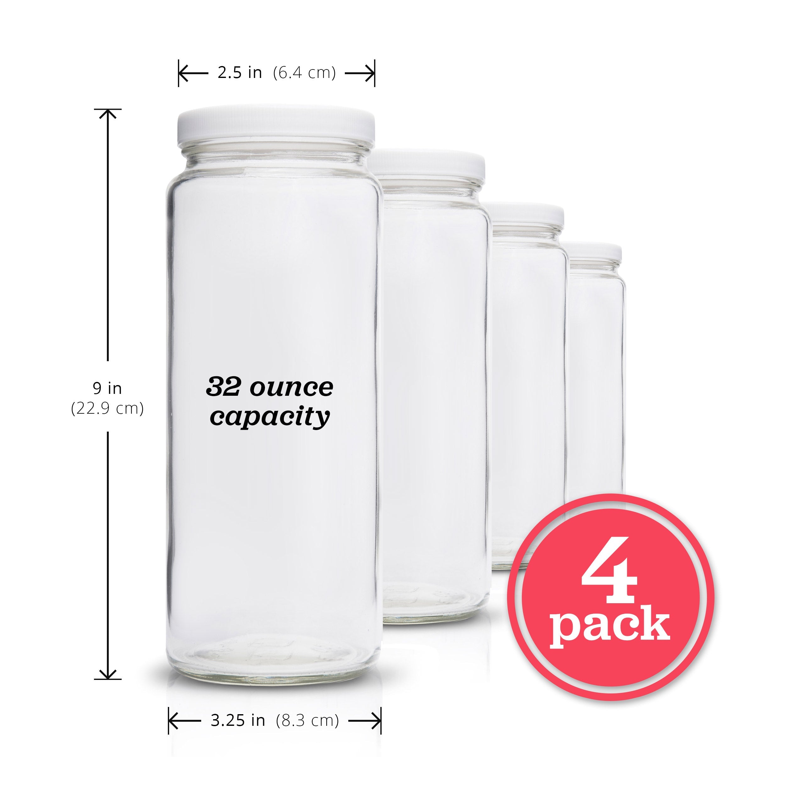 Original Series Extra Large Glass Bottles w/ White Lids, 32 oz