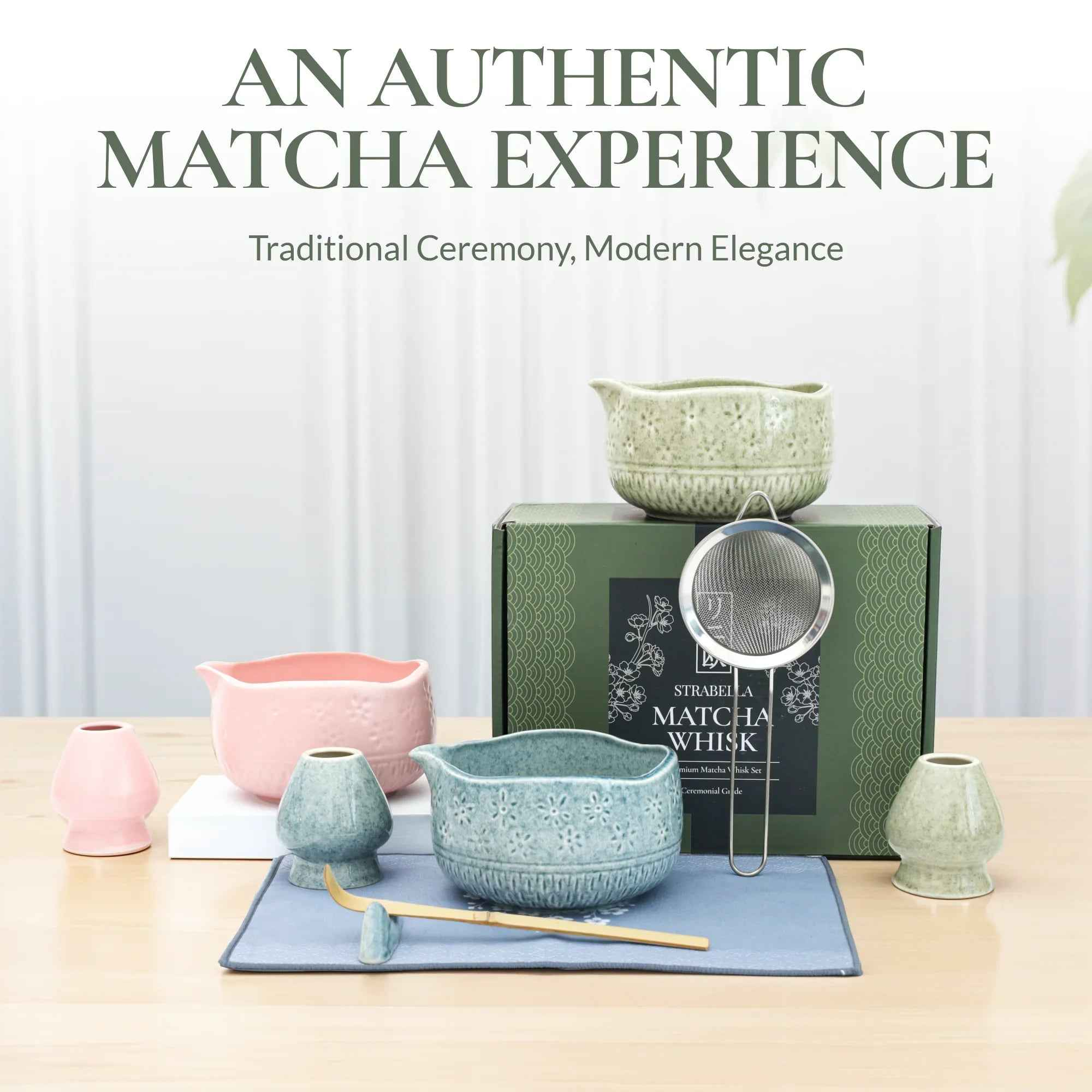 Strabella Matcha Whisk Set — Bamboo Whisk + Ceramic Bowl | Strabella