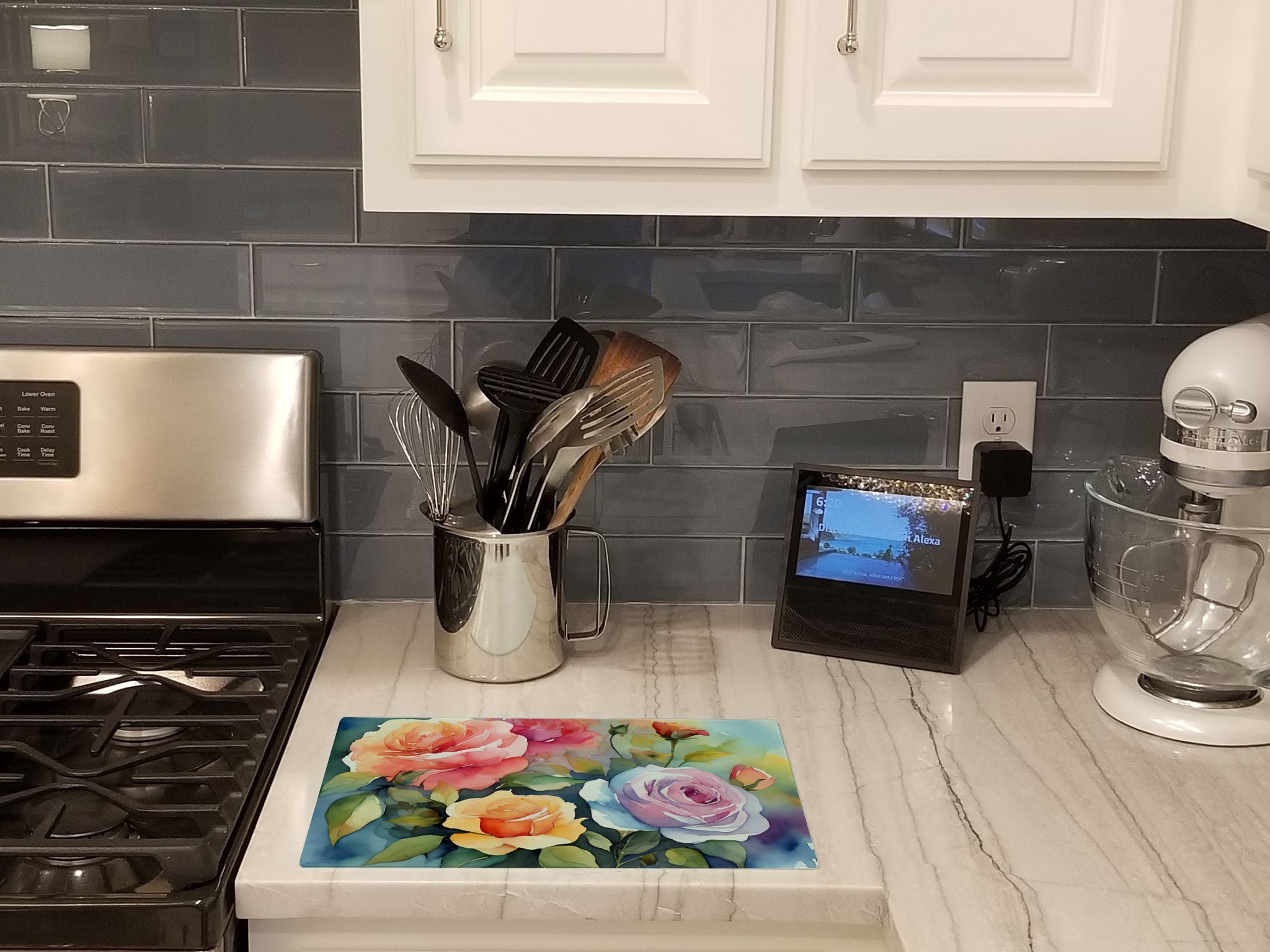 Roses in Watercolor Glass Cutting Boards – Durable, Decorative Kitchen Art Large DAC1608LCB