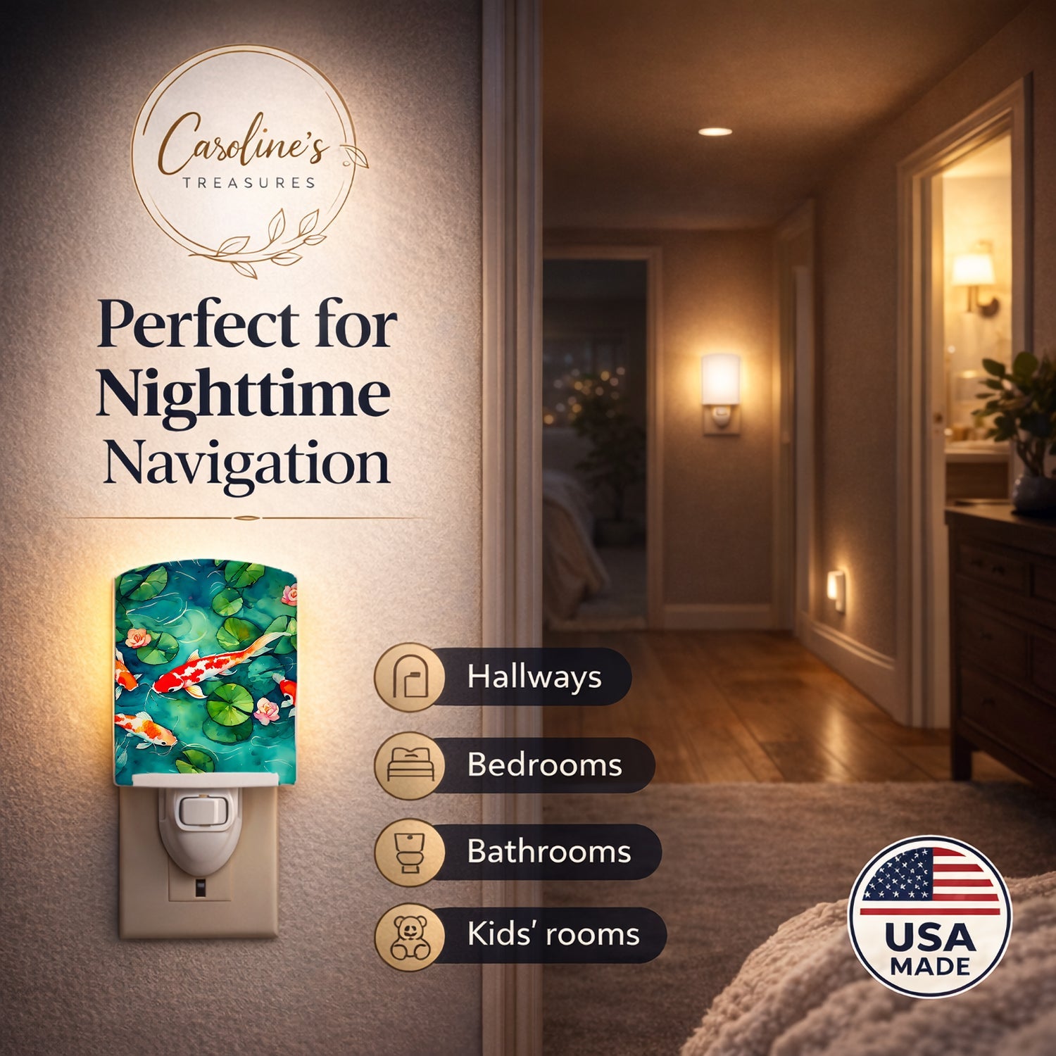 Koi Fish Ceramic Night Light Compact, UL-Certified, Ideal for Bedroom, Bathroom, Nursery, Hallway, Kitchen, 6x4x3, Multicolor