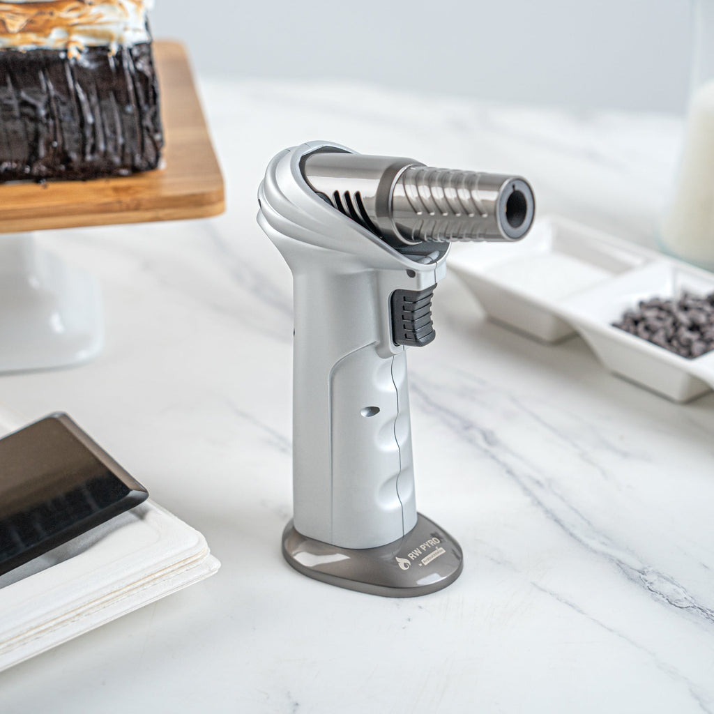 RW Pyro Silver Butane Kitchen Torch - Adjustable Dial, Rotating Angle - 4 1/4'' x 2 3/4'' x 6'' - 1 count box