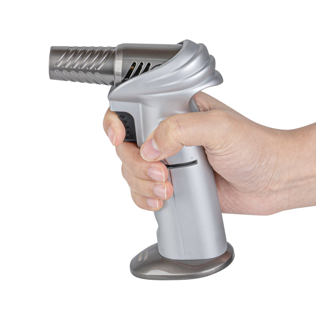 RW Pyro Silver Butane Kitchen Torch - Adjustable Dial, Rotating Angle - 4 1/4'' x 2 3/4'' x 6'' - 1 count box