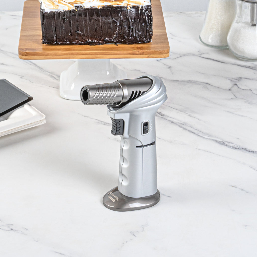RW Pyro Silver Butane Kitchen Torch - Adjustable Dial, Rotating Angle - 4 1/4'' x 2 3/4'' x 6'' - 1 count box