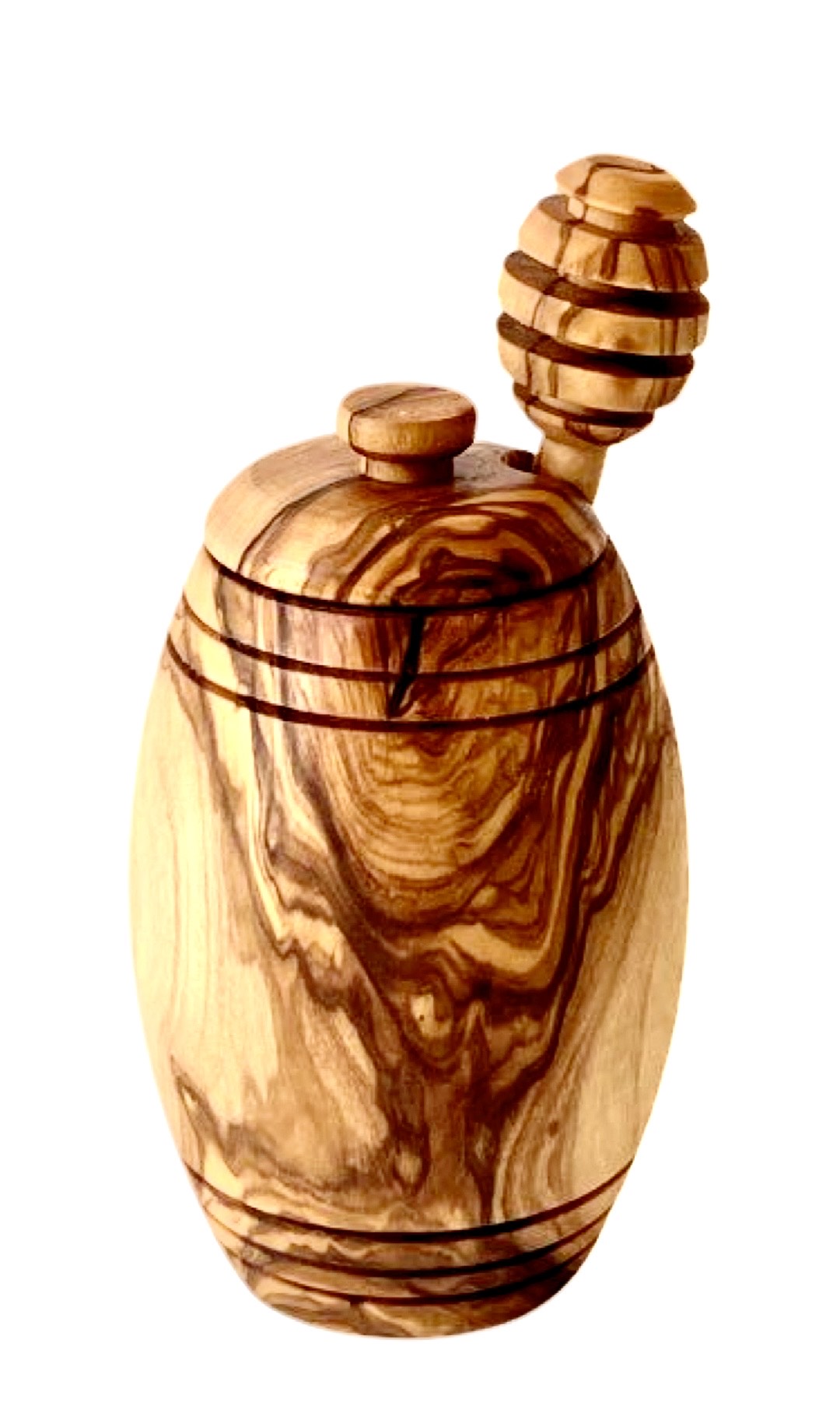 Olive Wood Honey Pot With Dipper Spoon - Hand Carved Kitchen Jar