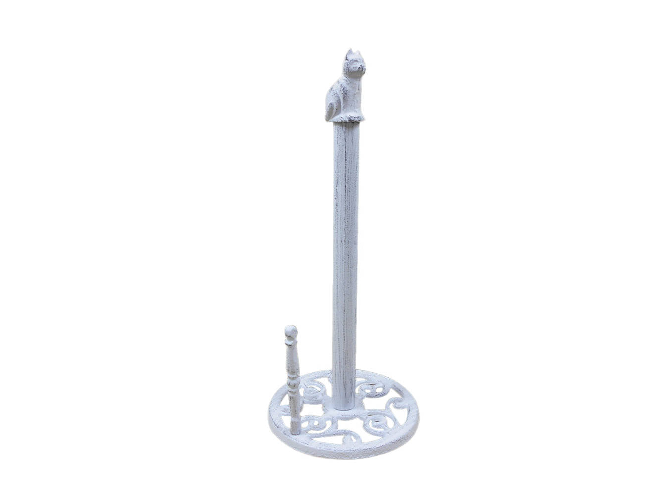 Whitewashed Cast Iron Sitting Cat Kitchen Paper Towel Holder 16""