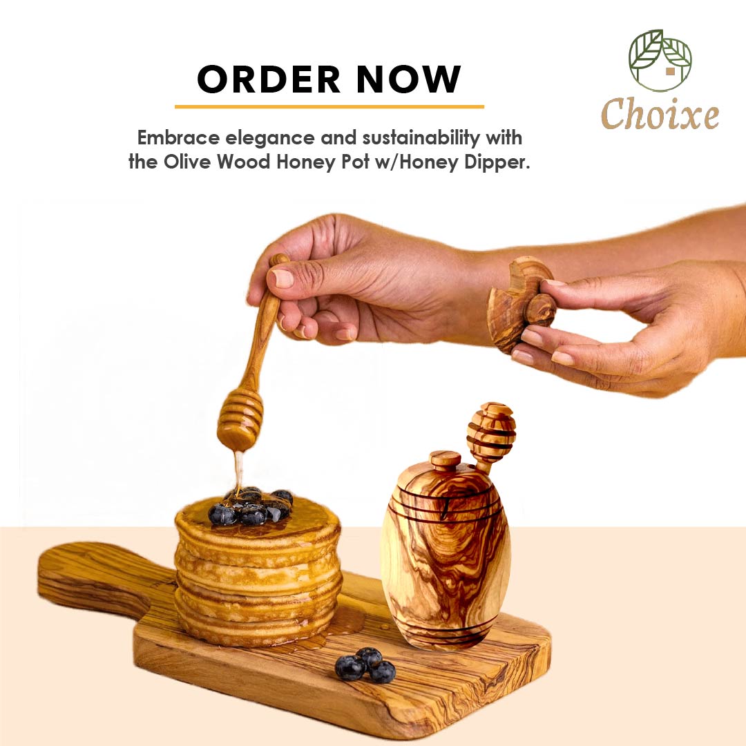 Olive Wood Honey Pot With Dipper Spoon - Hand Carved Kitchen Jar