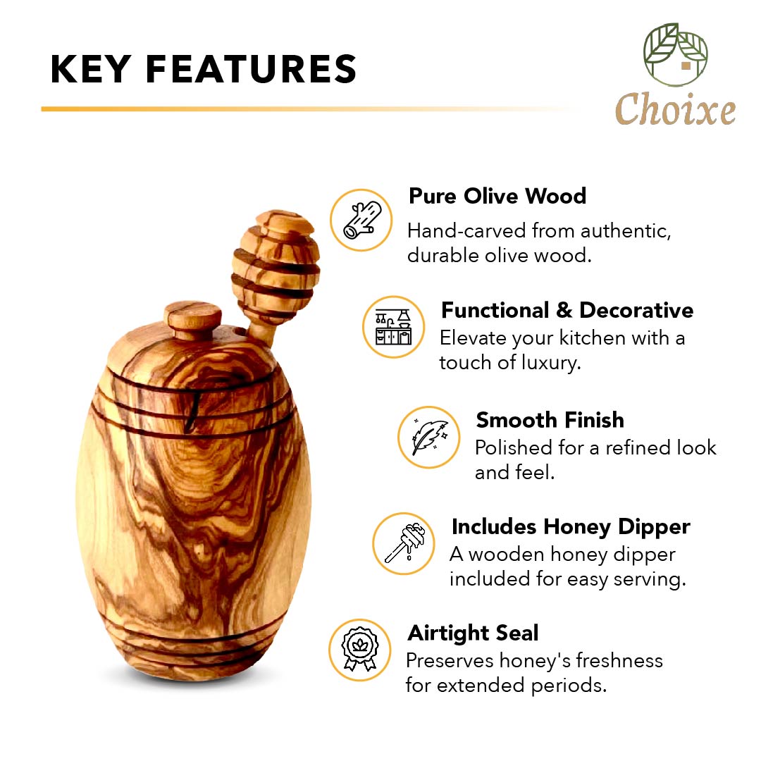 Olive Wood Honey Pot With Dipper Spoon - Hand Carved Kitchen Jar