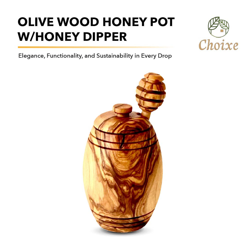 Olive Wood Honey Pot With Dipper Spoon - Hand Carved Kitchen Jar